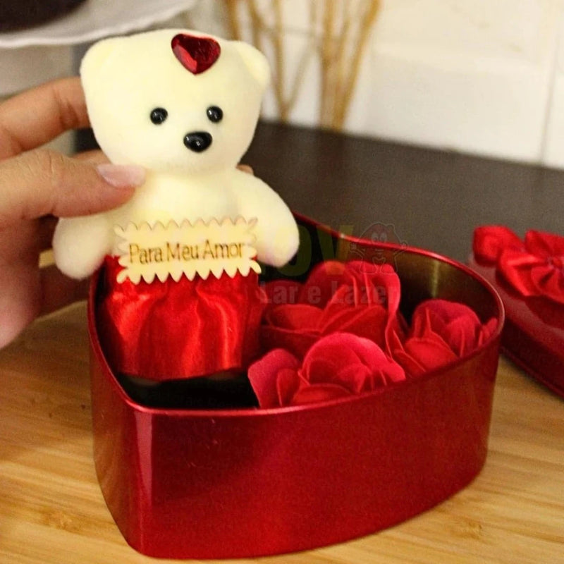 Caixa De Presente Coração, Com Ursinho E Rosas