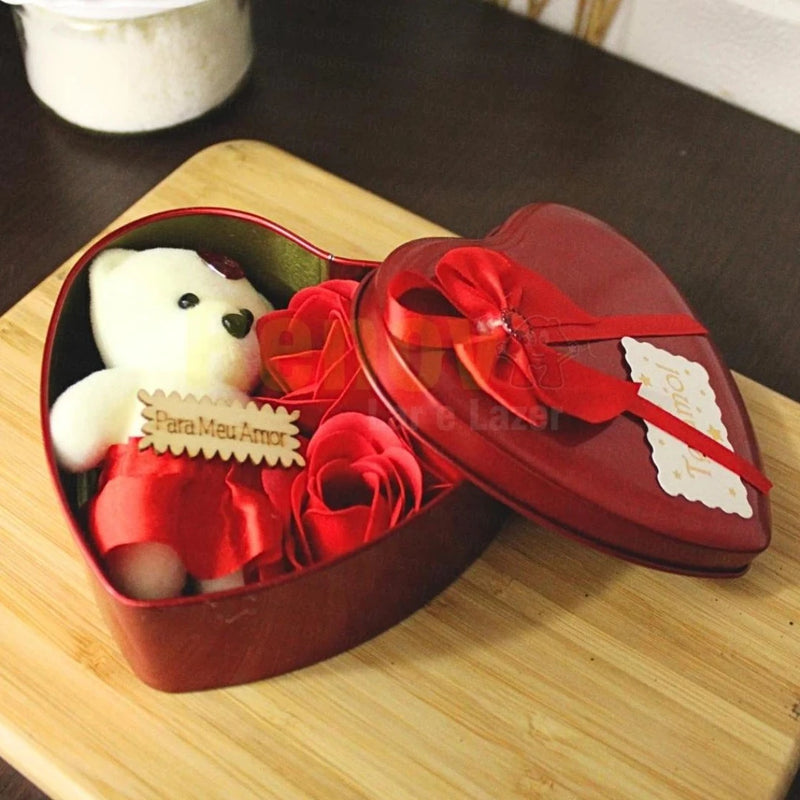 Caixa De Presente Coração, Com Ursinho E Rosas