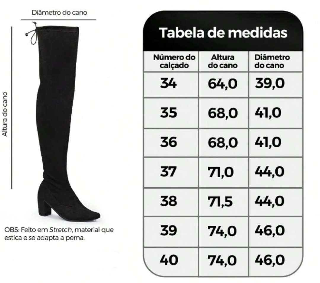 Bota Feminina Camurça Over The Knee Salto Alto Grosso Cano Longo Stretch Elástico Confortável