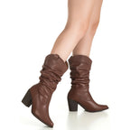 Bota Feminina Cano Médio Enrugado Slouch Western Salto Alto Bico Fino Texana Country