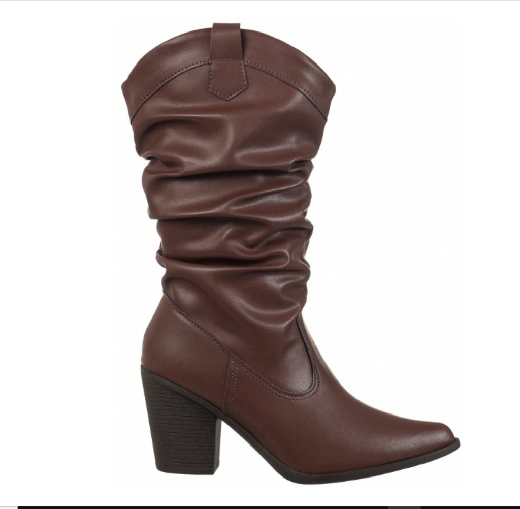 Bota Feminina GiGi Cano Médio Enrrugado Slouch Western Salto Alto  Texana Country