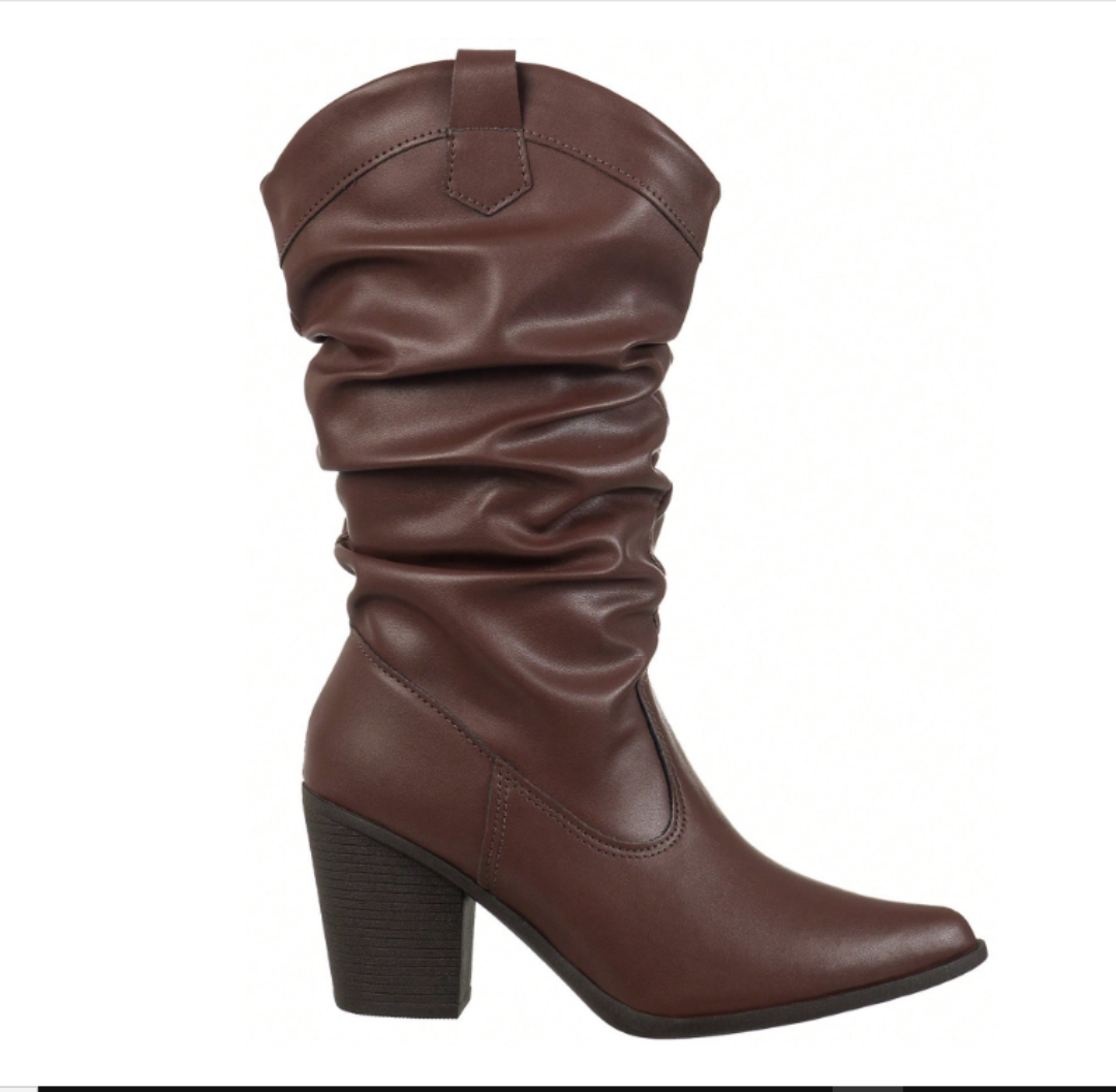 Bota Feminina GiGi Cano Médio Enrrugado Slouch Western Salto Alto  Texana Country