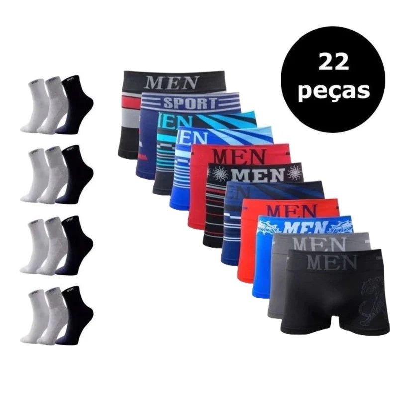 Kit 10 Cuecas Boxer Microfibra Adulto + 12 Pares Meias Algodão (GRÁTIS)