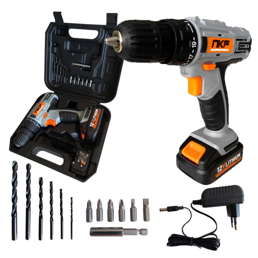 Furadeira e parafusadeira à bateria 12v com maleta  +  Brinde 13 acessórios
