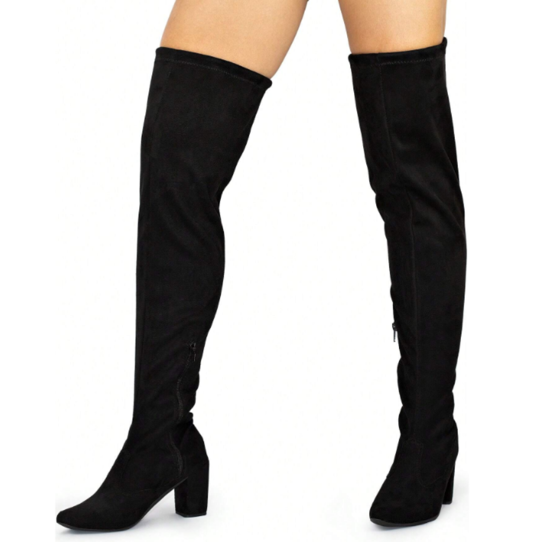 Bota Feminina Camurça Over The Knee Salto Alto Grosso Cano Longo Stretch Elástico Confortável