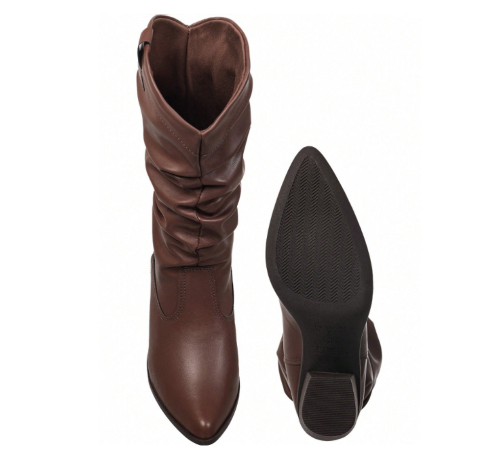 Bota Feminina GiGi Cano Médio Enrrugado Slouch Western Salto Alto  Texana Country