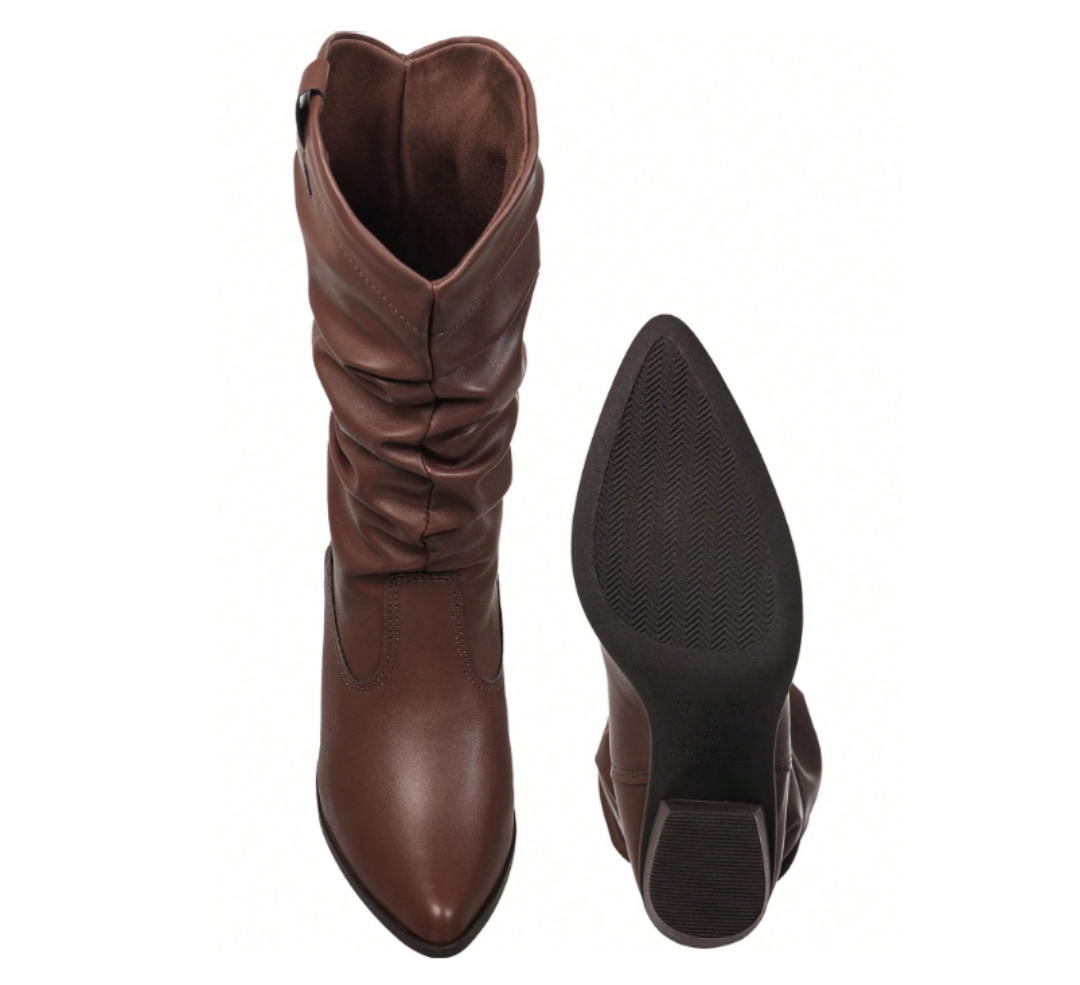 Bota Feminina GiGi Cano Médio Enrrugado Slouch Western Salto Alto  Texana Country