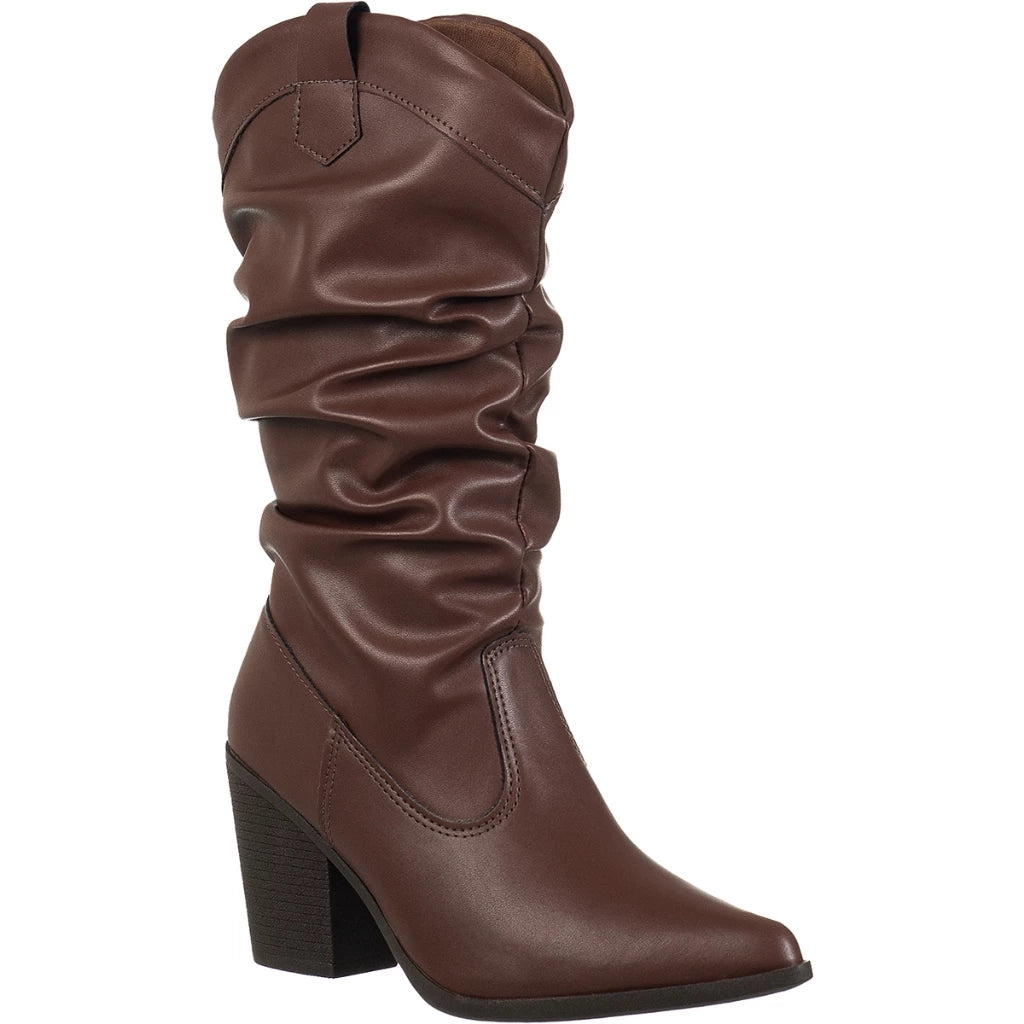 Bota Feminina Cano Médio Enrugado Slouch Western Salto Alto Bico Fino Texana Country