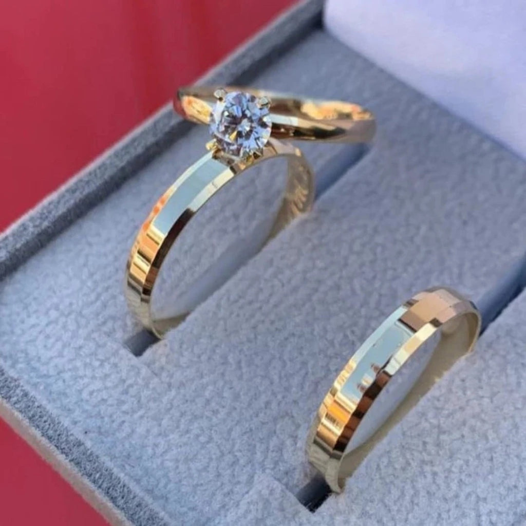 Par De Aliança Casamento e Anel Solitário Para Noivado Chanfrada Fina 4mm