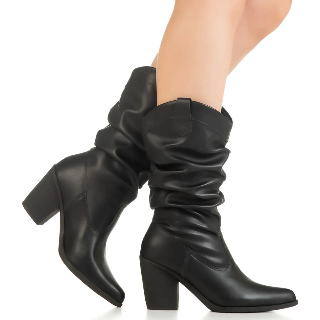 Bota Feminina Cano Médio Enrugado Slouch Western Salto Alto Bico Fino Texana Country