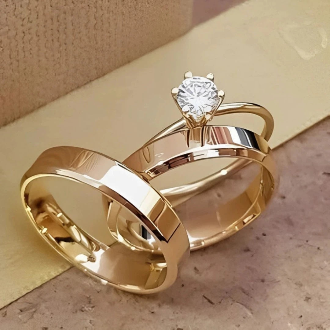 Par De Aliança Casamento e Anel Solitário Para Noivado Chanfrada Fina 4mm