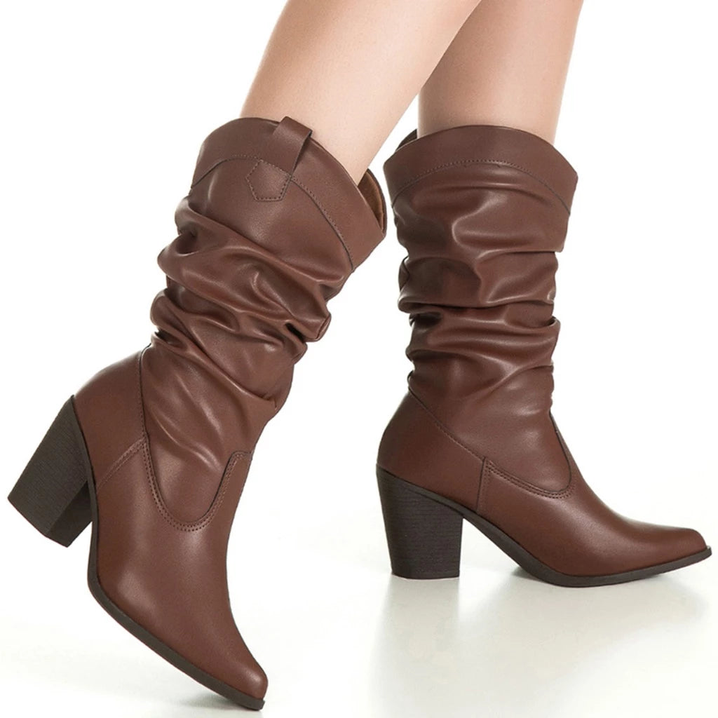 Bota Feminina Cano Médio Enrugado Slouch Western Salto Alto Bico Fino Texana Country