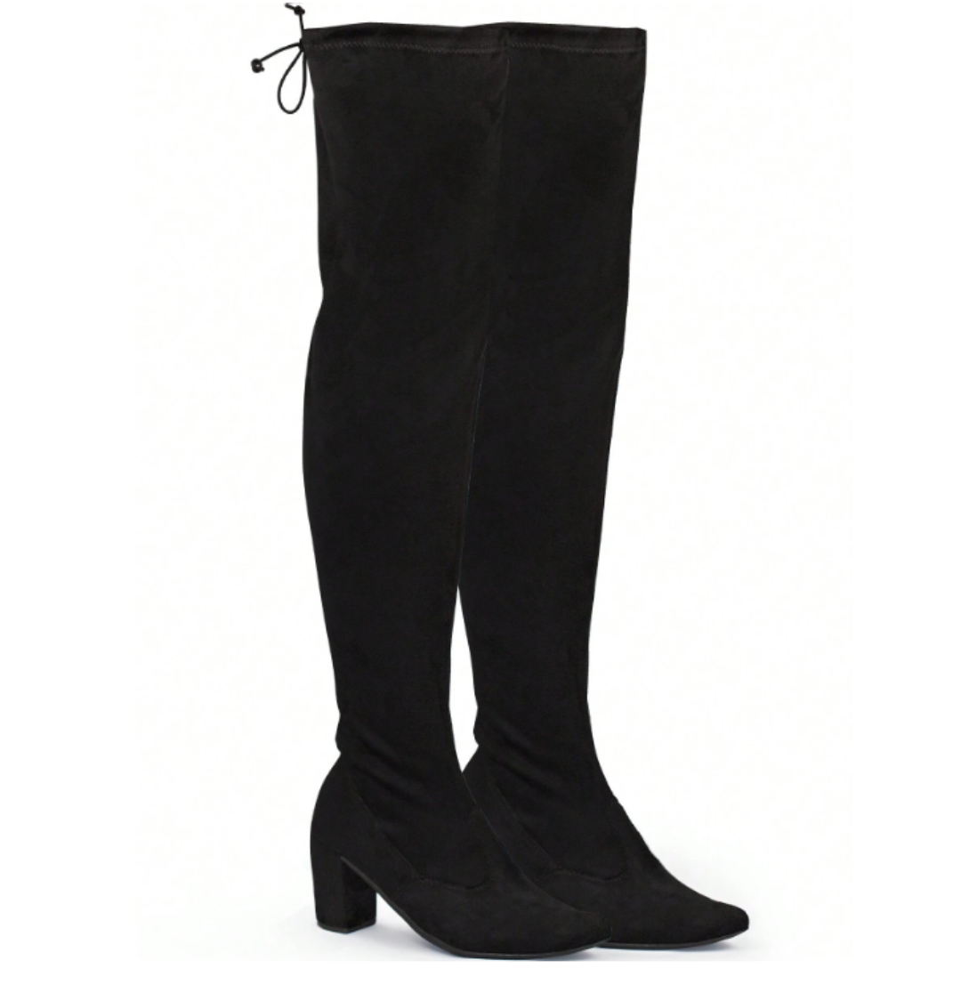 Bota Feminina Camurça Over The Knee Salto Alto Grosso Cano Longo Stretch Elástico Confortável