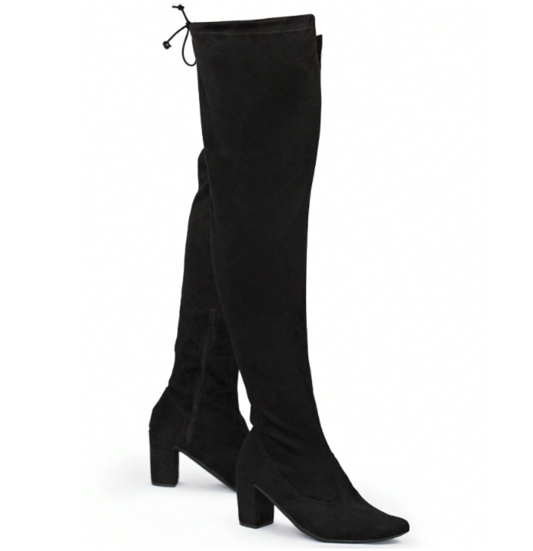 Bota Feminina Camurça Over The Knee Salto Alto Grosso Cano Longo Stretch Elástico Confortável