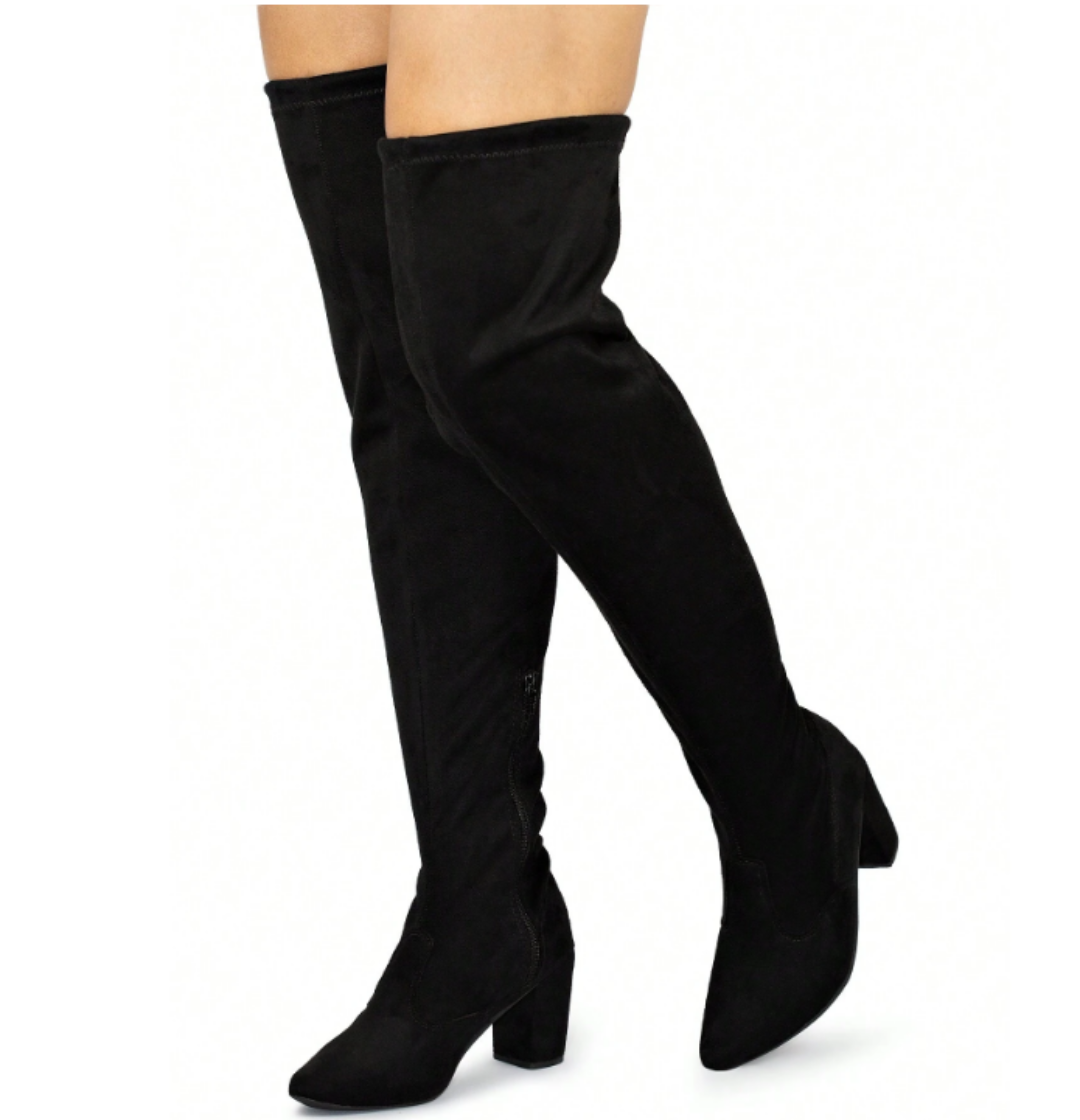 Bota Feminina Camurça Over The Knee Salto Alto Grosso Cano Longo Stretch Elástico Confortável
