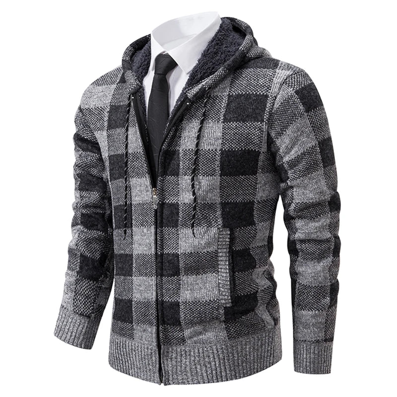 Jaqueta Masculina de Malha com Capuz Cardigã Xadrez