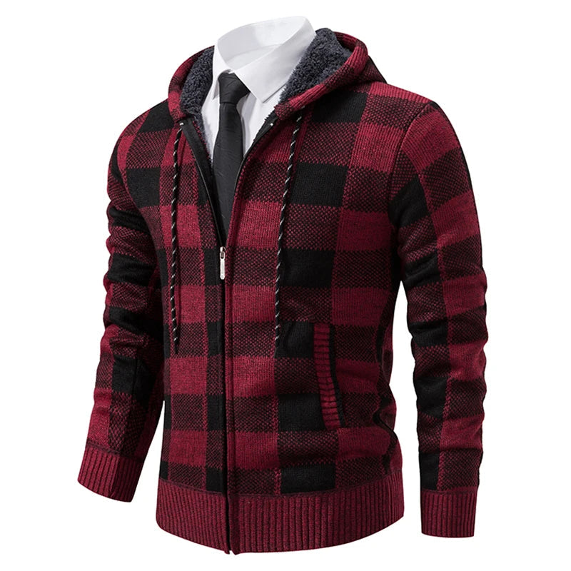 Jaqueta Masculina de Malha com Capuz Cardigã Xadrez