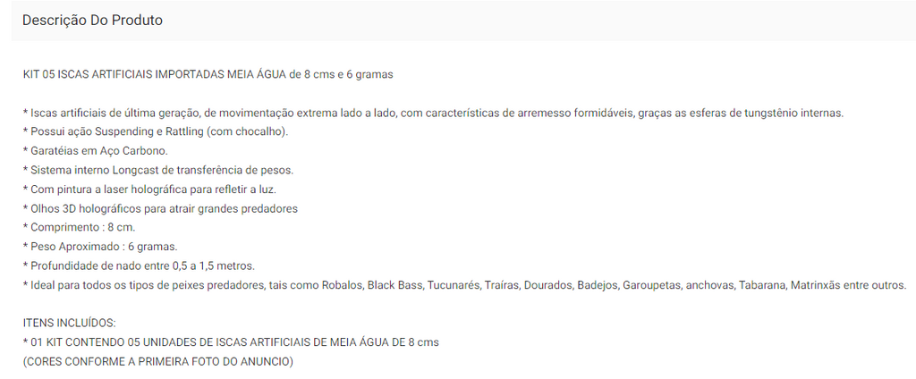 Kit 05 Iscas Artificiais 1/2 Meia Água de 8 cm e 6g Pesca Tucunaré Robalo Dourado Traíra Black Bass