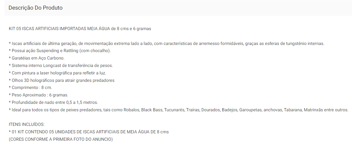 Kit 05 Iscas Artificiais 1/2 Meia Água de 8 cm e 6g Pesca Tucunaré Robalo Dourado Traíra Black Bass