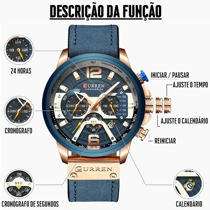 Relógio Masculino CURREN Modelo Temporal + Case em Couro Sintético
