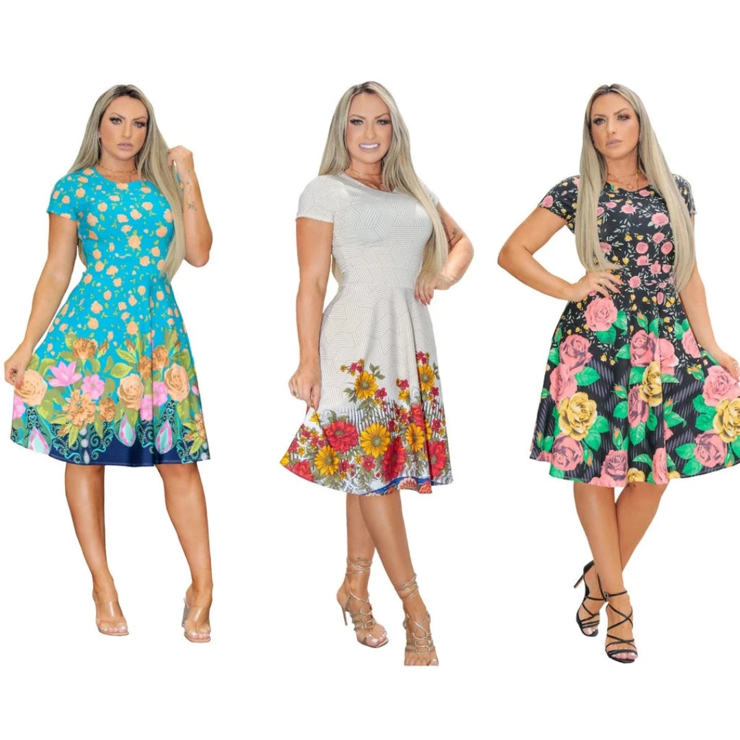 Kit 3 Vestidos Feminino Evangélico Rodado Oferta (Pague 2 e Leve 3)