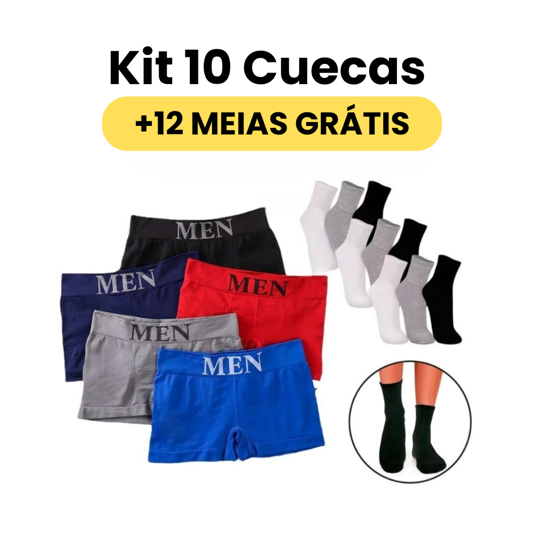 Kit 10 Cuecas Boxer Microfibra Adulto + 12 Pares Meias Algodão (GRÁTIS)