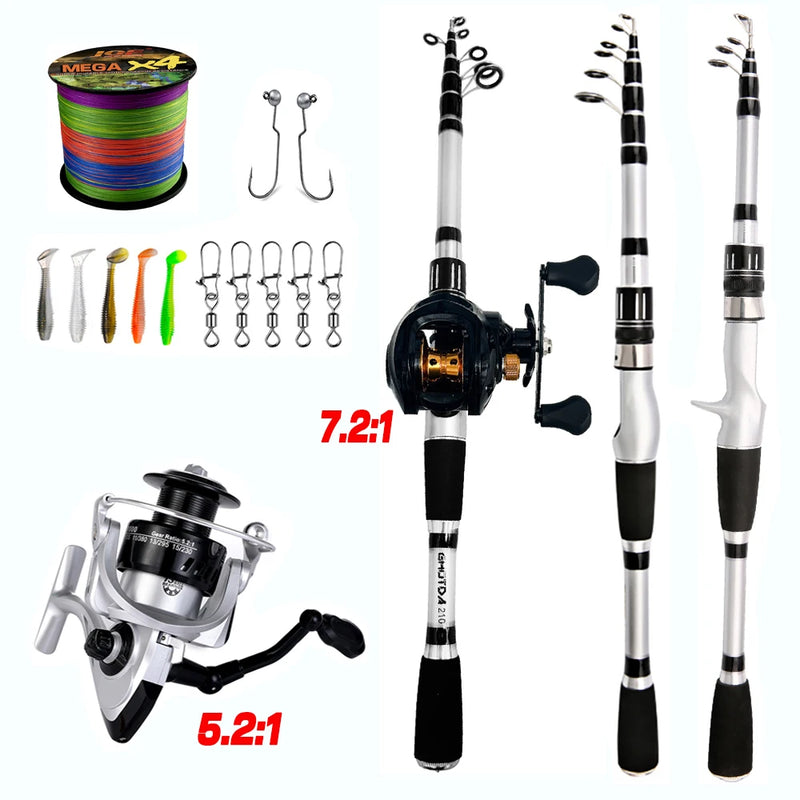 1.5-2.4m Telescopic Fishing Rod Reel Combo Full Kit With Line Hook Bait Carbon Fiber Fishing Rod Spinning Reel Pesca Fishing Set