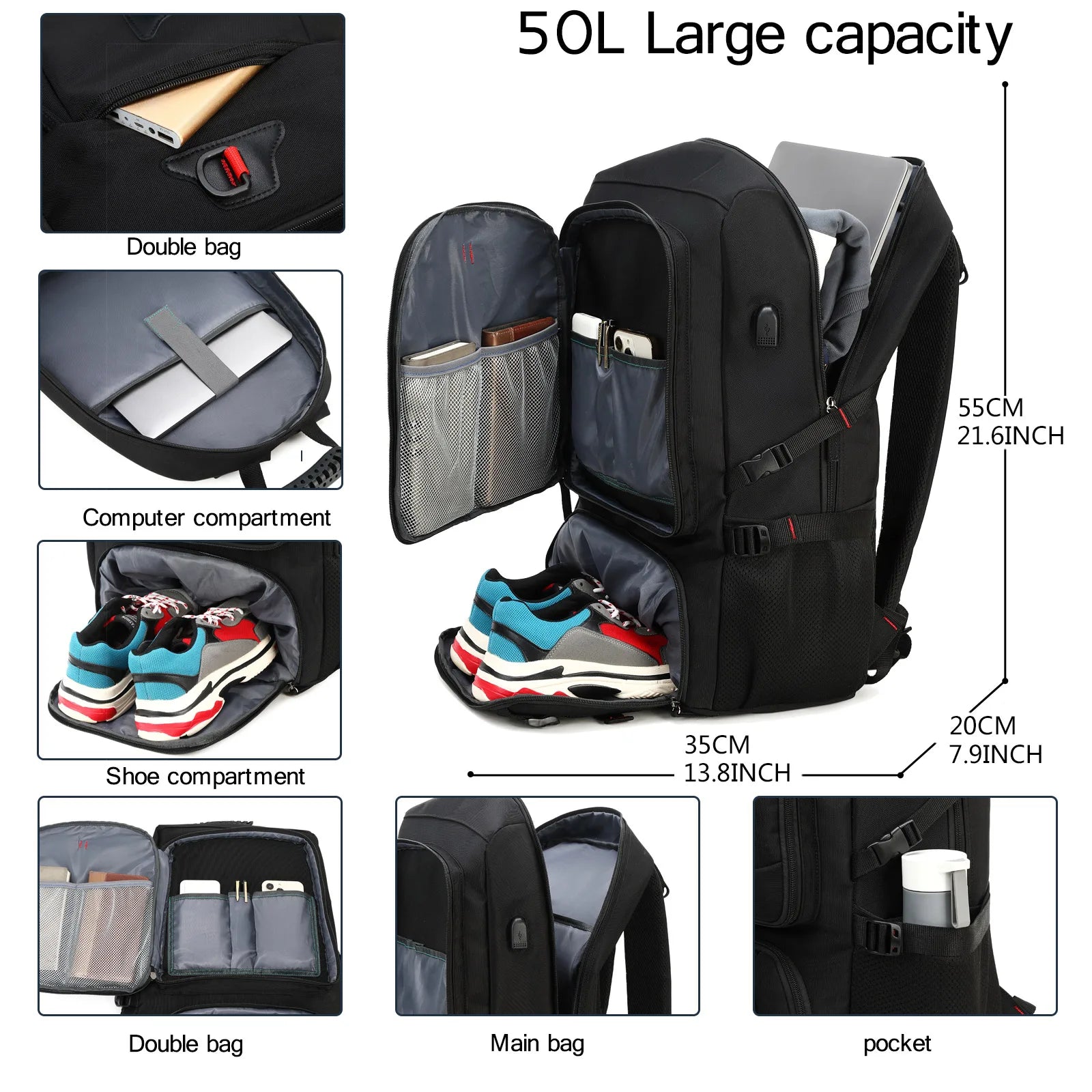 Mochila de Viagem 50L a Prova D'Água e Leve