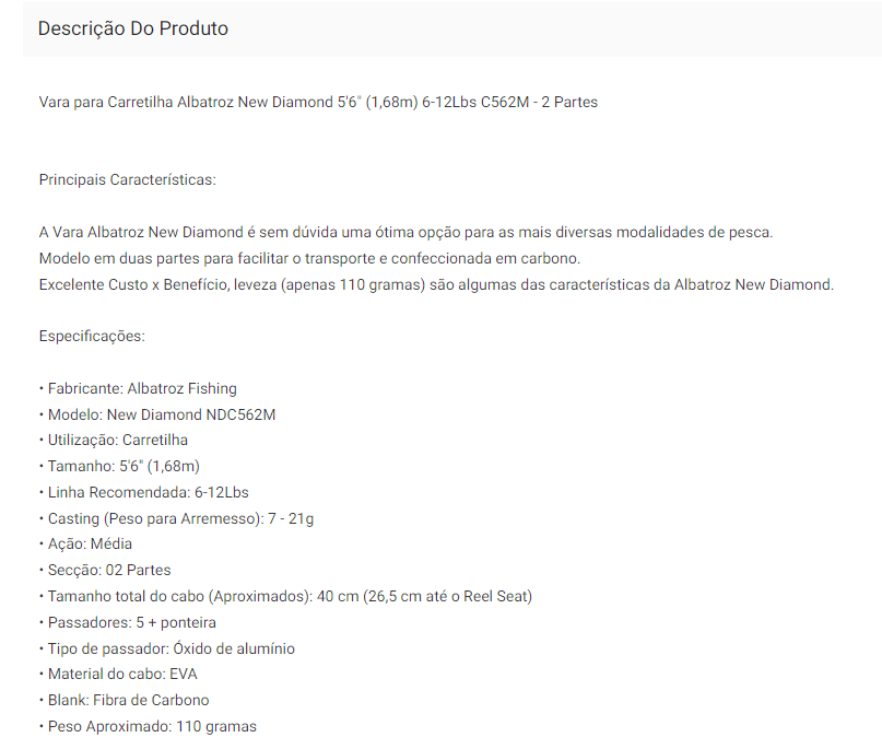 Vara P/ Carretilha Albatroz New Diamond Carb. - Lançamento