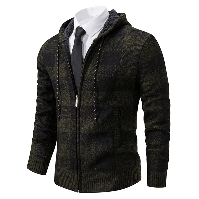Jaqueta Masculina de Malha com Capuz Cardigã Xadrez