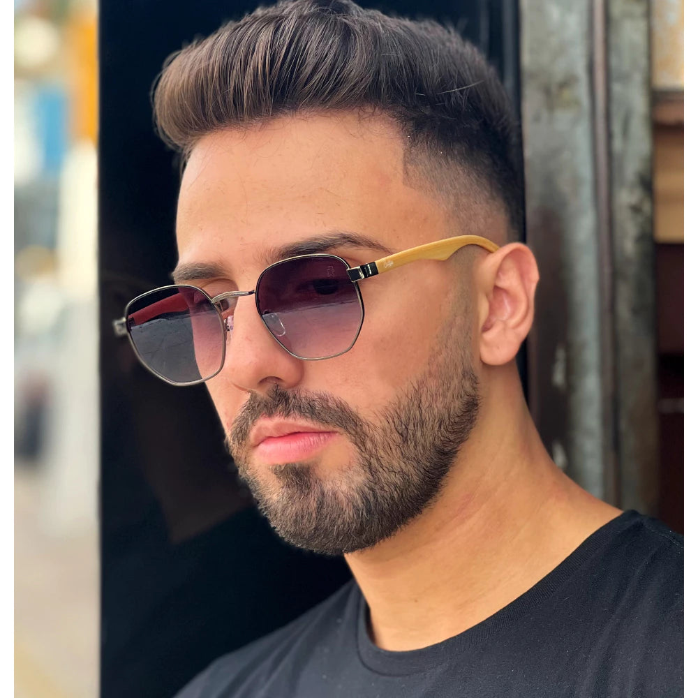Óculos de Sol Masculino Hexagonal UV400 com Haste de Madeira