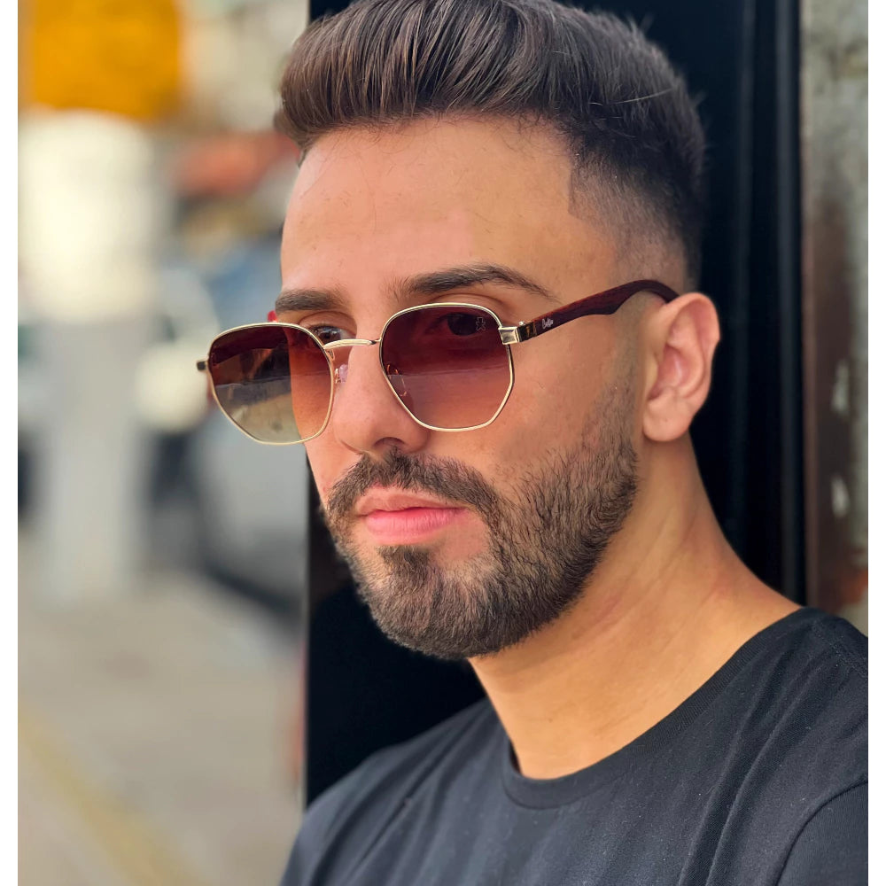 Óculos de Sol Masculino Hexagonal UV400 com Haste de Madeira