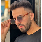 Óculos de Sol Masculino Hexagonal UV400 com Haste de Madeira