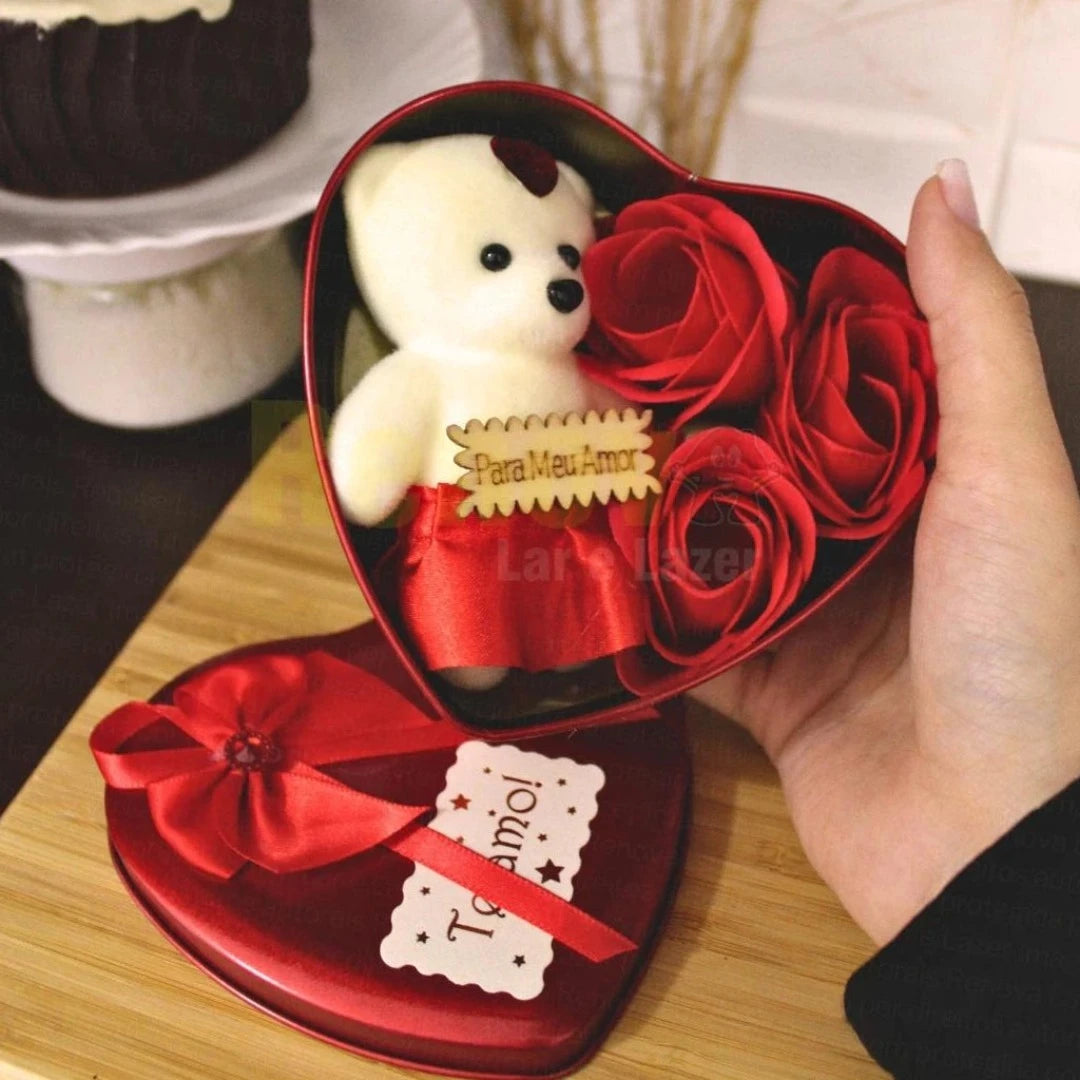Caixa De Presente Coração, Com Ursinho E Rosas