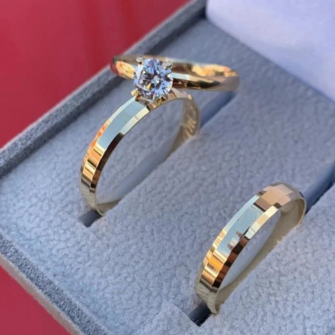 Par De Aliança Casamento e Anel Solitário Para Noivado Chanfrada Fina 4mm