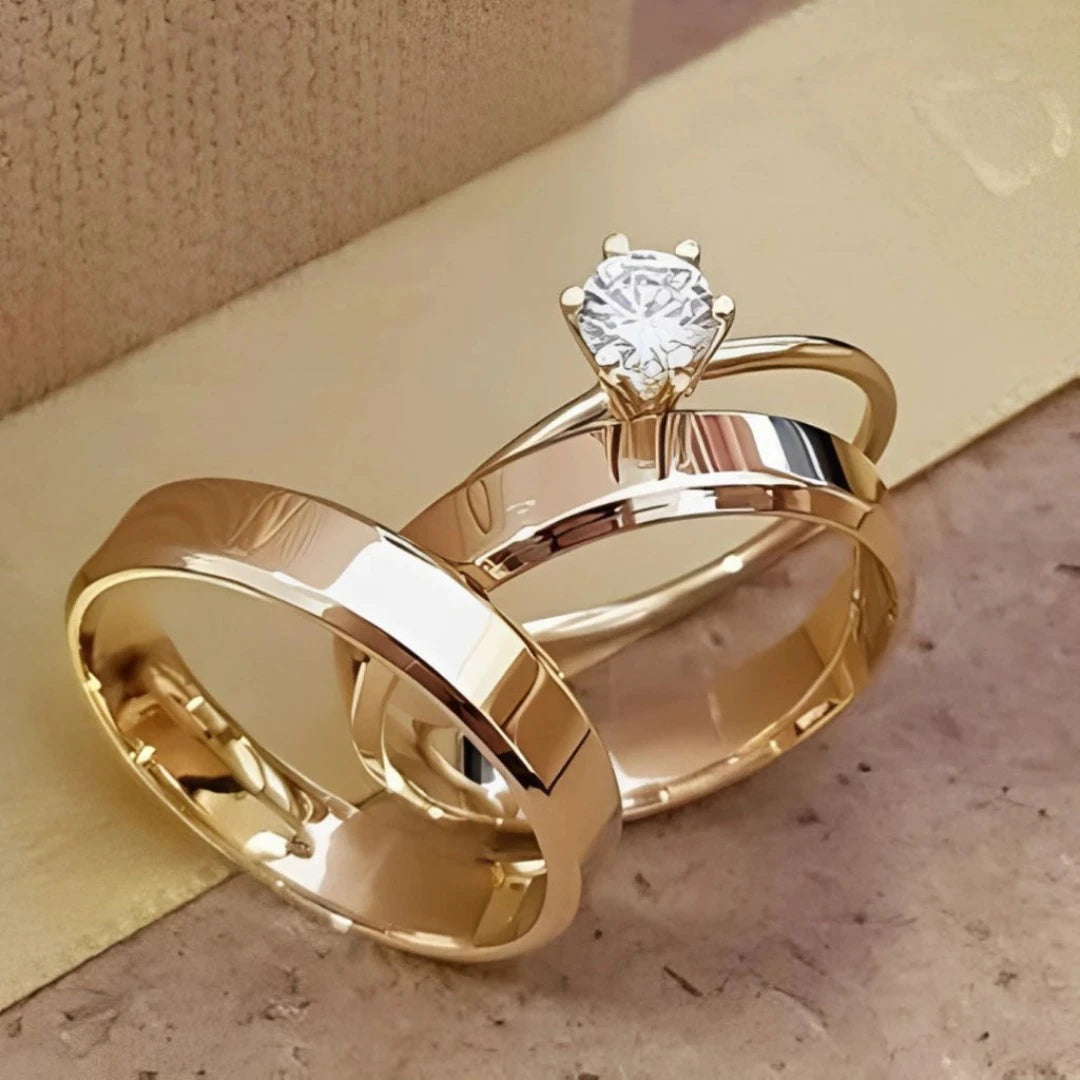 Par De Aliança Casamento e Anel Solitário Para Noivado Chanfrada Fina 4mm