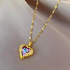 Colar De Cristal De Coração Oceânico Azul Amor Aço Titânio - lojaidealgolden