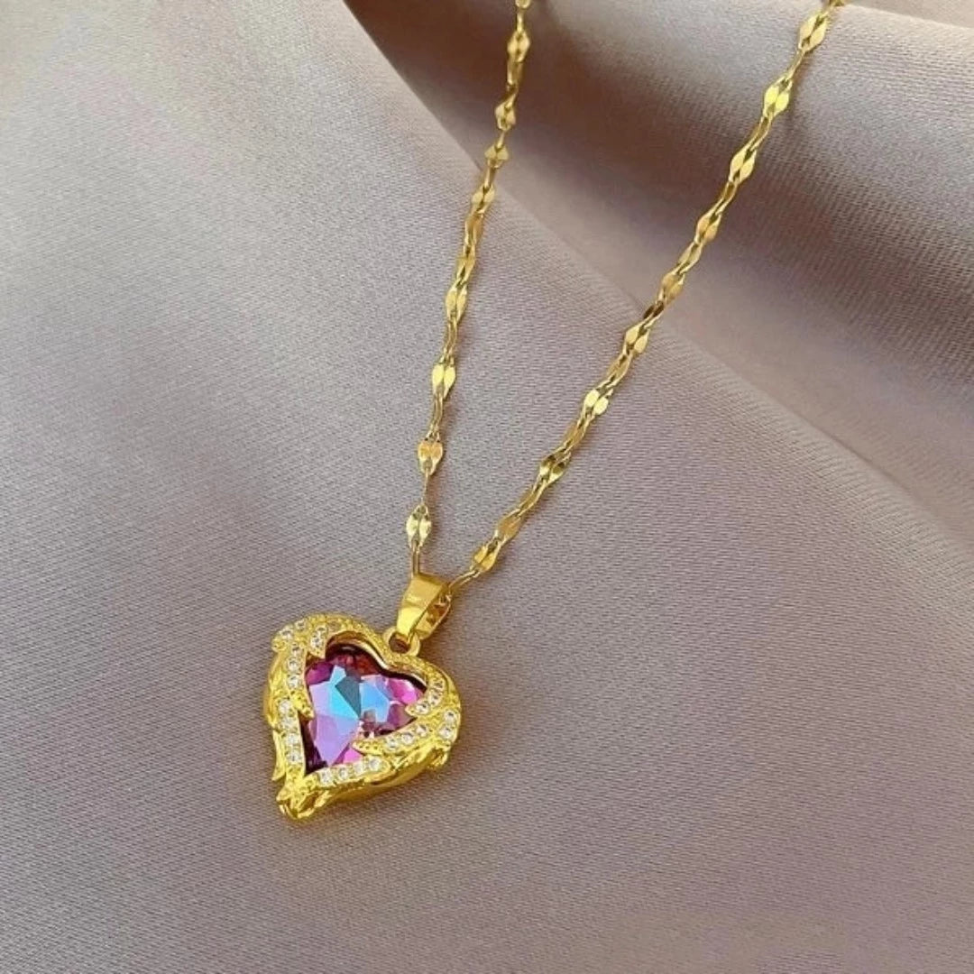 Colar De Cristal De Coração Oceânico Azul Amor Aço Titânio - lojaidealgolden