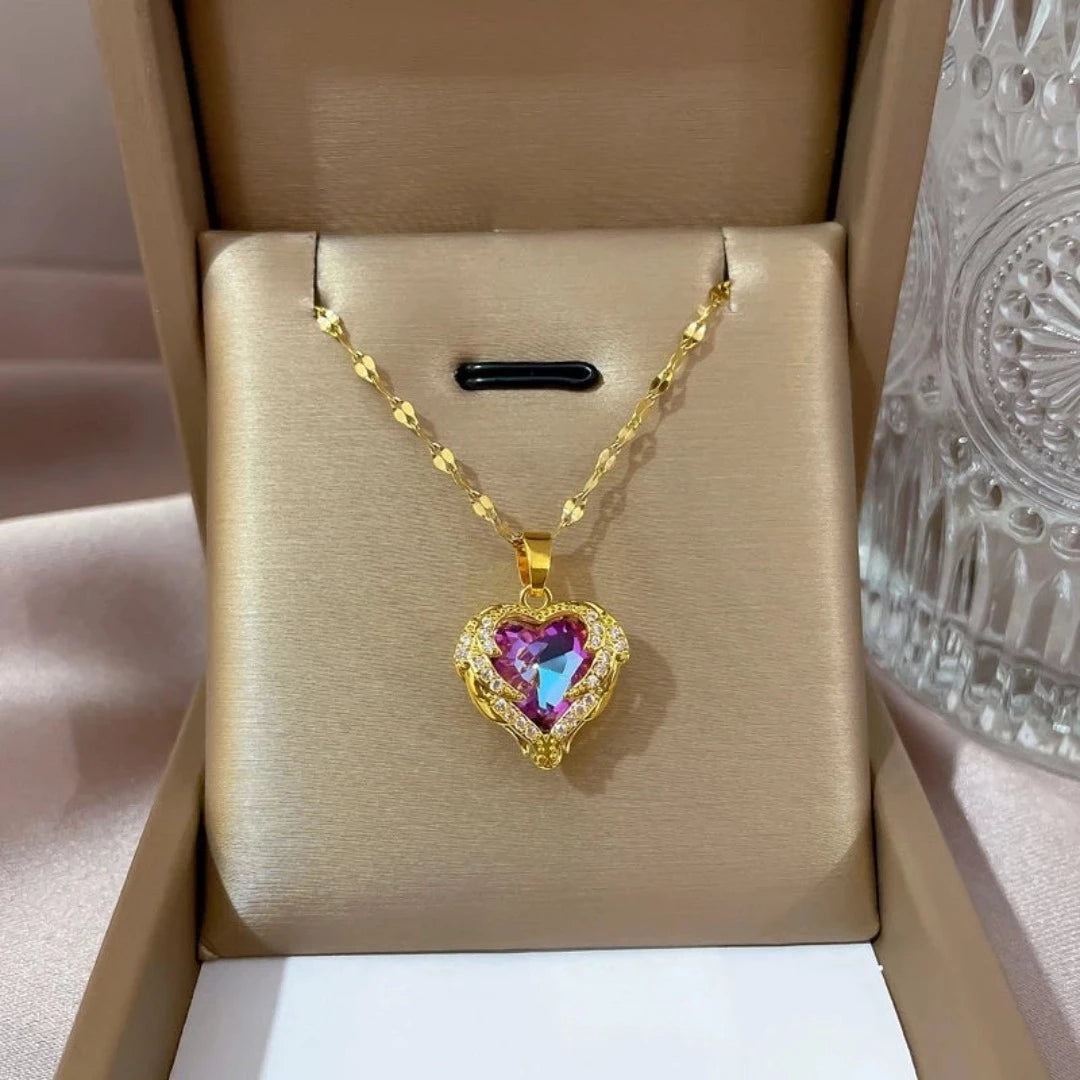 Colar De Cristal De Coração Oceânico Azul Amor Aço Titânio - lojaidealgolden
