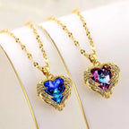 Colar De Cristal De Coração Oceânico Azul Amor Aço Titânio - lojaidealgolden