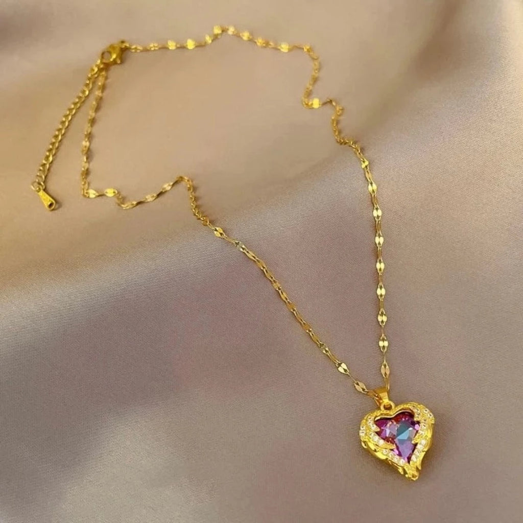 Colar De Cristal De Coração Oceânico Azul Amor Aço Titânio - lojaidealgolden