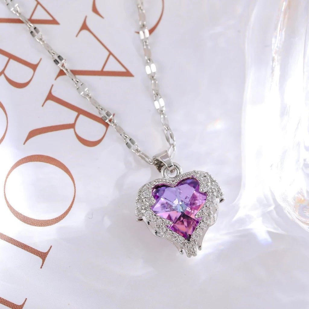Colar De Cristal De Coração Oceânico Azul Amor Aço Titânio - lojaidealgolden