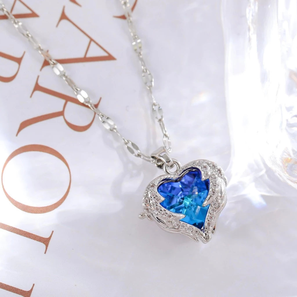 Colar De Cristal De Coração Oceânico Azul Amor Aço Titânio - lojaidealgolden