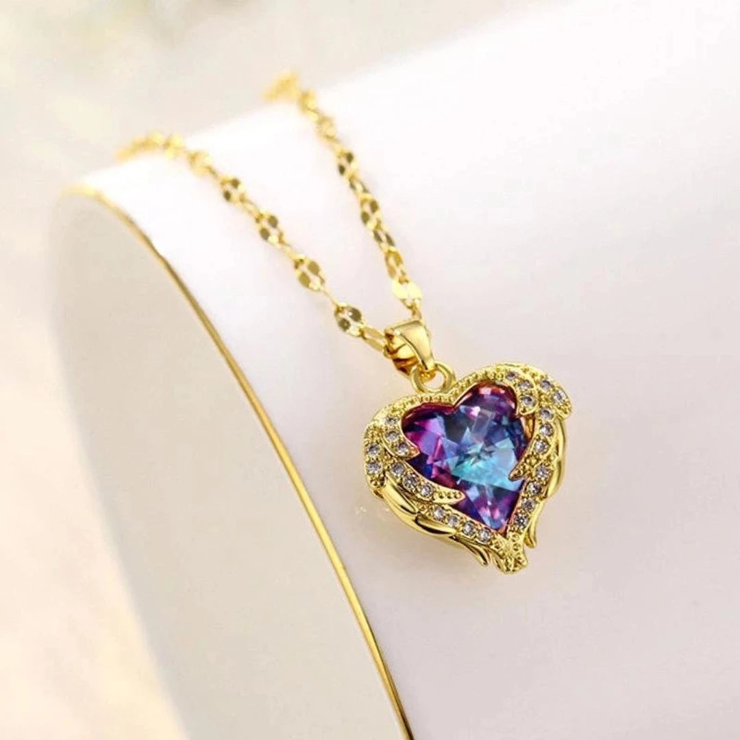 Colar De Cristal De Coração Oceânico Azul Amor Aço Titânio - lojaidealgolden