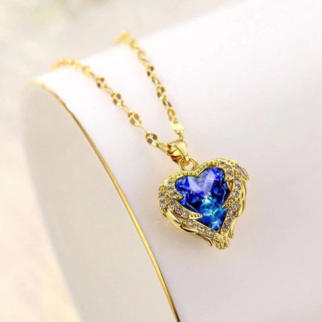 Colar De Cristal De Coração Oceânico Azul Amor Aço Titânio - lojaidealgolden