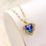 Colar de Cristal de Coração Oceânico Azul Amor Aço Titânio