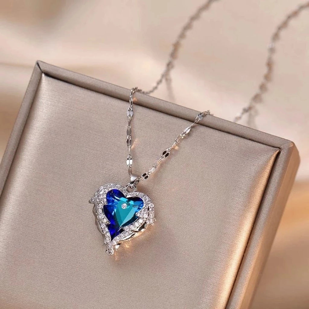 Colar De Cristal De Coração Oceânico Azul Amor Aço Titânio - lojaidealgolden