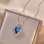 Colar De Cristal De Coração Oceânico Azul Amor Aço Titânio - lojaidealgolden