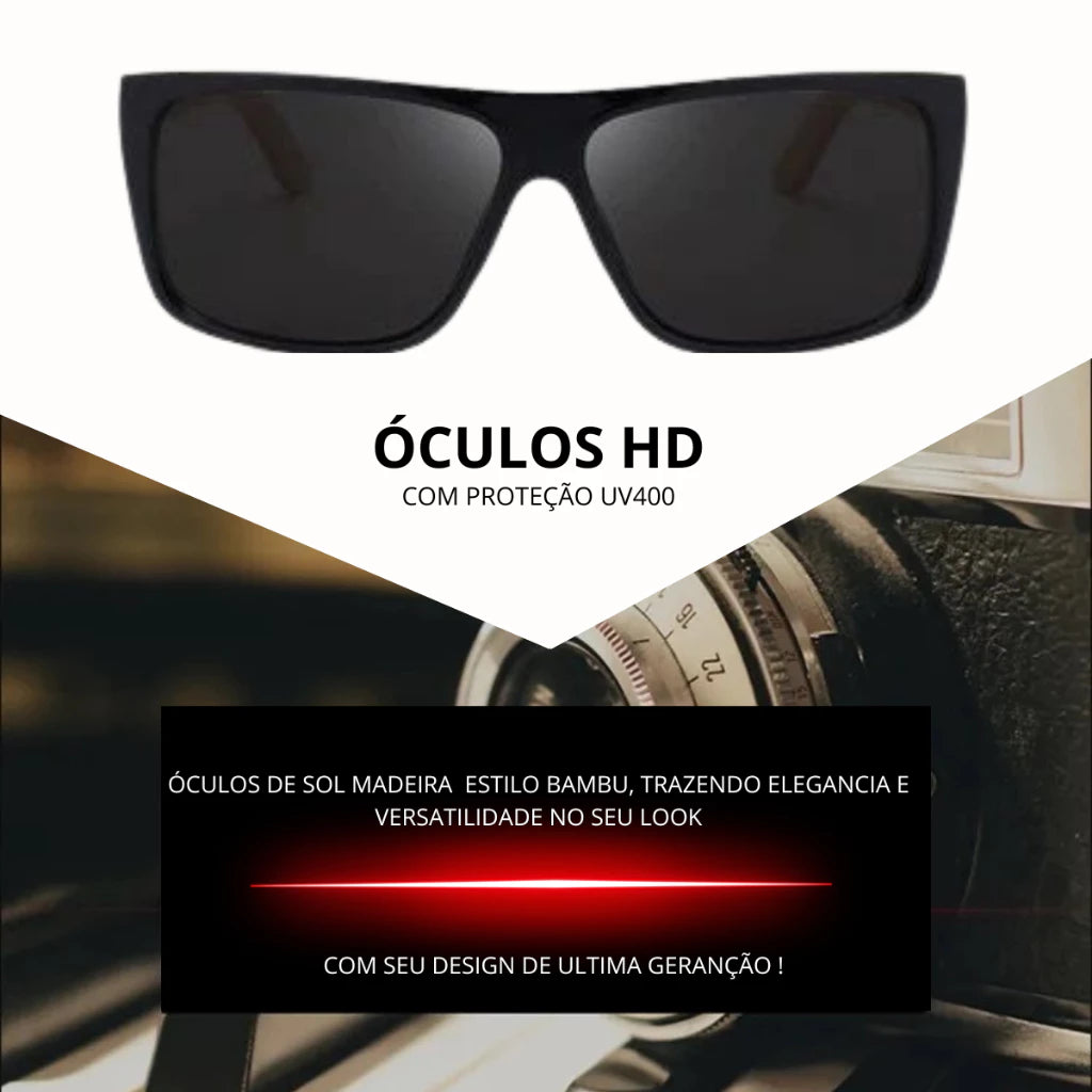 Óculos Masculino Quadrado Madeira Bambu UV400