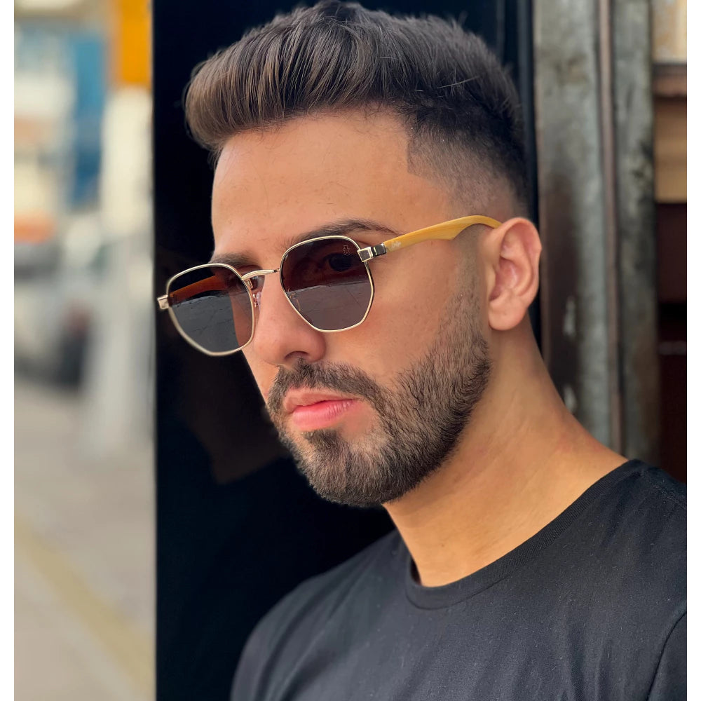Óculos de Sol Masculino Hexagonal UV400 com Haste de Madeira